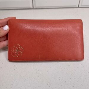 CHANEL 3000 Coral Leather Camellia Mark Long Bifold Wallet EUC w Chanel gift Bag